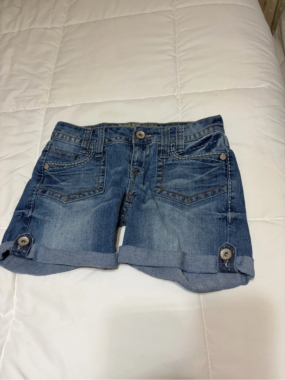 Truce dark blue denim shorts with roll cuff hem